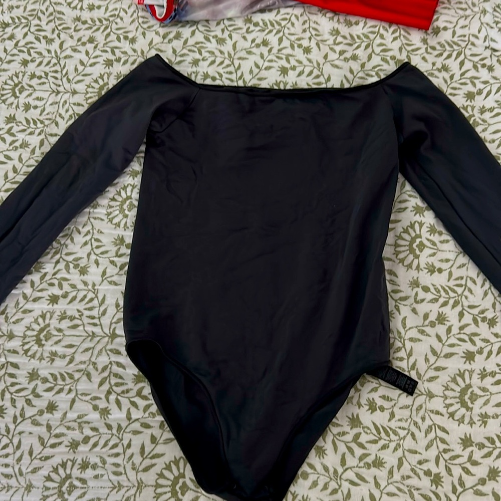 SKIMS off the shoulder black bodysuit